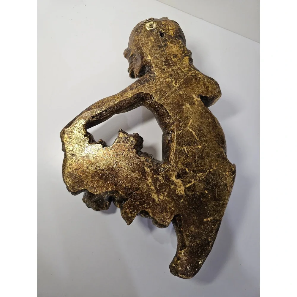 Vintage Gold Cherub Wall Plaque Angel Putto Relief Sculpture 12 Inch Gilded Art